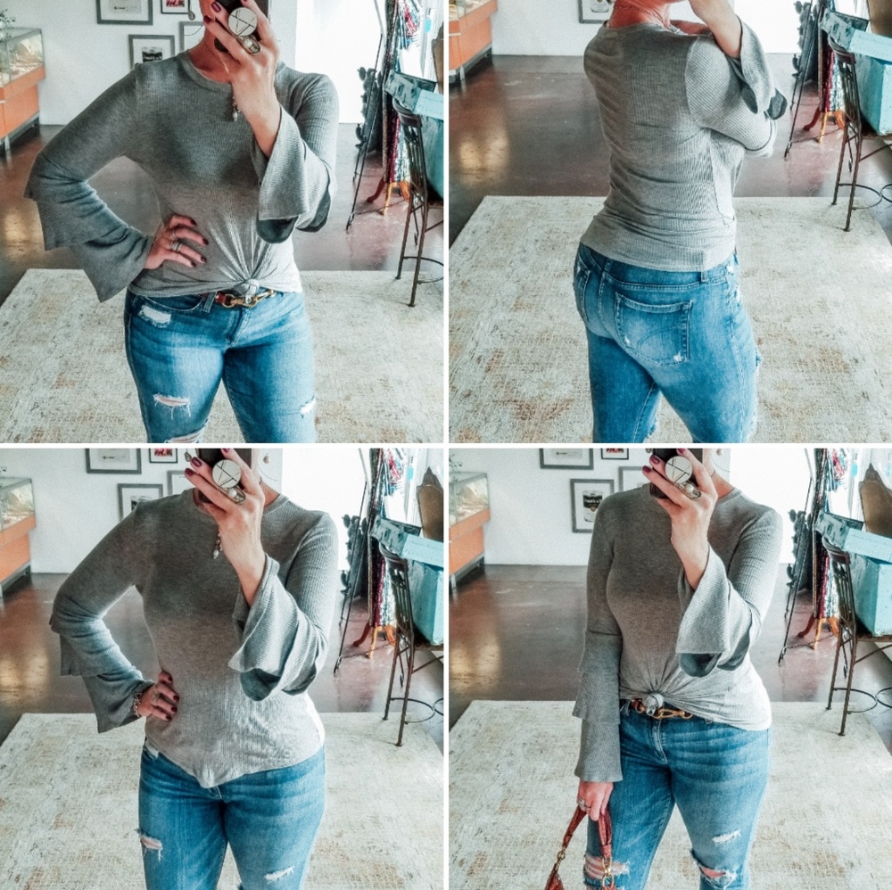 BP. Gray Long Sleeve Bell Bottom Tee Shirt - Picture 2 of 2